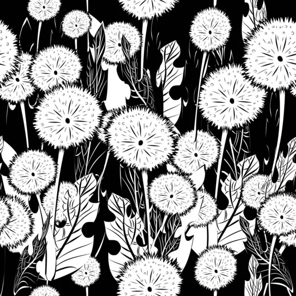 Seamless Patterns Fluffy Large Dandelions Leaves Black Background Contrast Endless — Stock Photo, Image