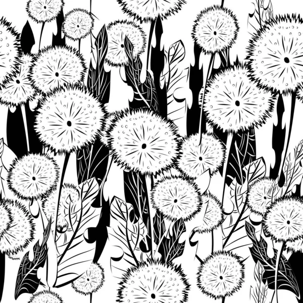 Seamless patterns. Fluffy large dandelions and leaves on a white background. Contrast endless illustration.