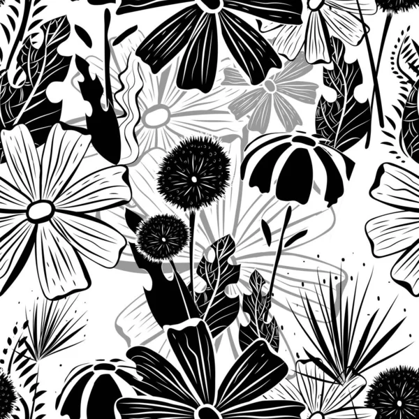 Summer Endless Illustration Floral Background Wildflowers Leaves Stems White Background — Stock Photo, Image