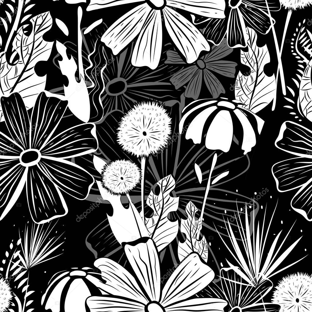 Floral background. Wildflowers, leaves, stems on a black background. Summer endless illustration.