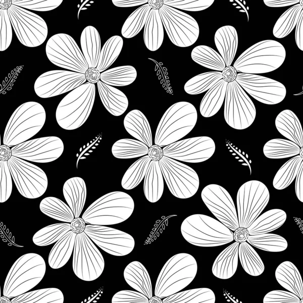 花のシームレスなパターン 黒い背景に対照的な花を咲かせます 夏の終わりなきイラスト — ストック写真