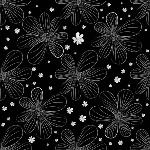 Floral background. Large black flowers, small white daisies on a black background. Summer endless illustration.