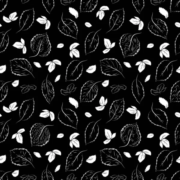 シームレスなパターン 黒と白のヴィンテージのイラストと対照的です 黒い背景の葉の輪郭 — ストック写真