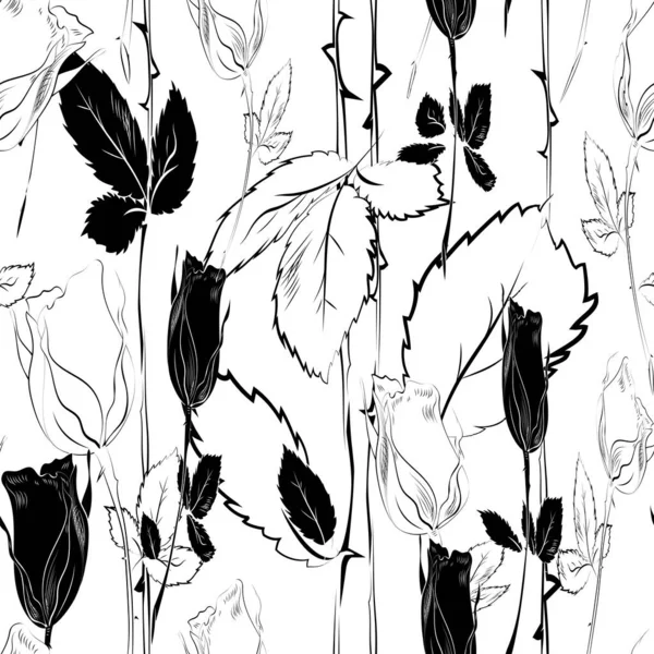 Seamless Pattern Graceful Leaves Flowers White Background Contrasting Black White — Stock Photo, Image