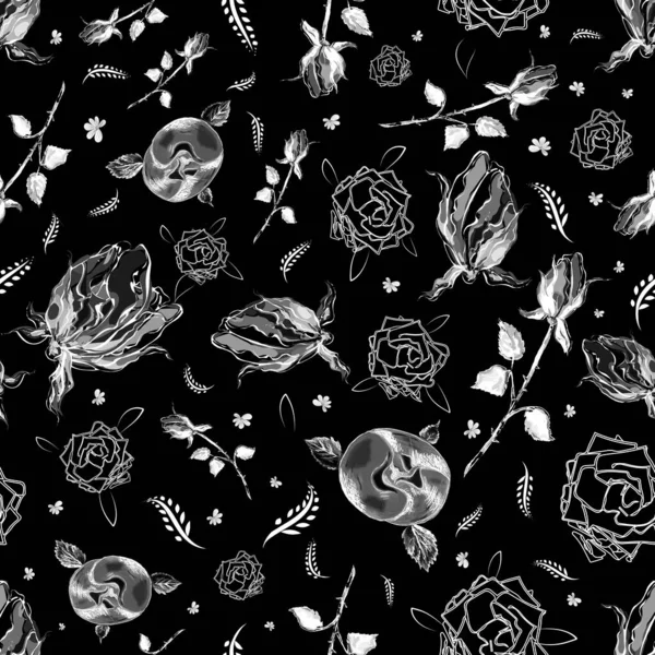 Elegantes Nahtloses Blumenmuster Kontrastillustration Rosen Wildblumen Blätter Dornen Vintage Elemente — Stockfoto