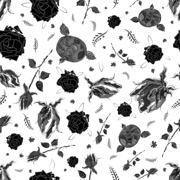 Floral Seamless Pattern Roses Wildflowers Leaves Thorns Vintage Elements White — Stock Photo, Image