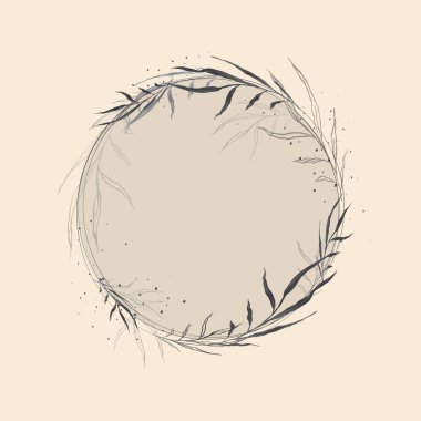 Eski model yuvarlak çerçeve. El çizimi dalları olan bir resim. Buzlu cam. Şampanya yelkeninin arka planını ayarla. Tebrik kartlarını, davetiyeleri vesaire süslemek için kullan.