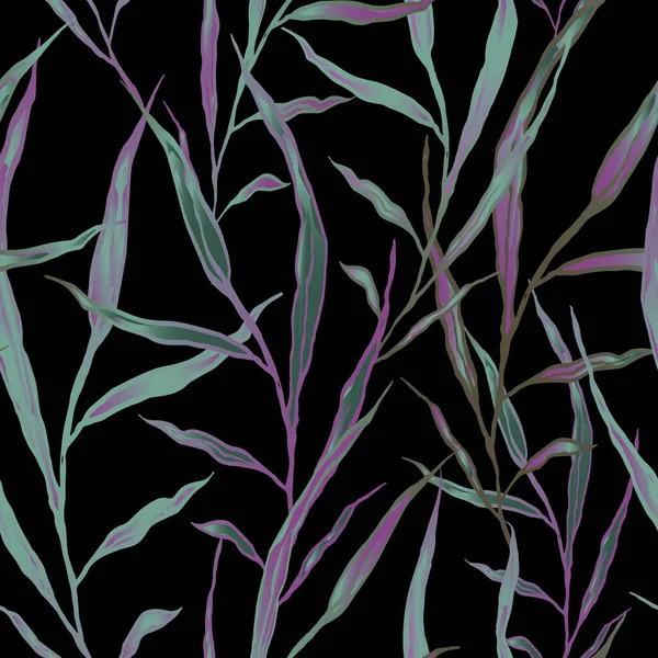 无缝植物图案 黑色背景 绿叶和小枝 说明1 — 图库照片