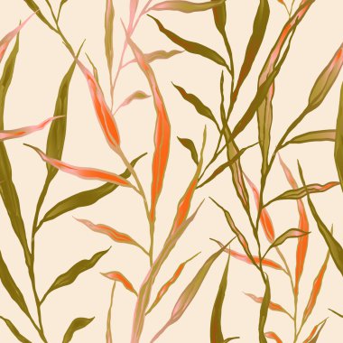 Kusursuz desenler. Doğal dikdörtgen kırmızı-yeşil yapraklar ve dallar. Şampanya yelkeninin arka planı. Yazdırma için sonu gelmeyen illüstrasyon, vs..