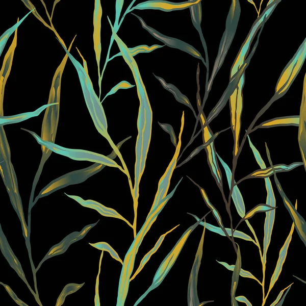 无缝图案 黑色背景上的天然长方形黄绿色叶子和枝条 说明1 — 图库照片