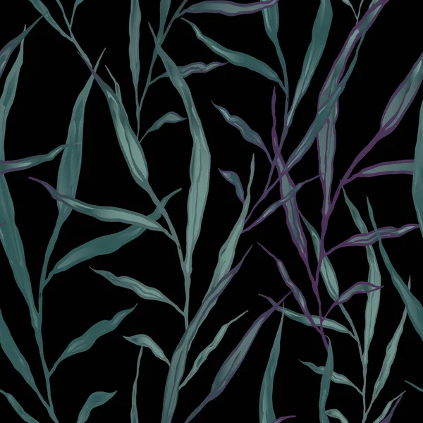 Nahtloses Pflanzenmuster Schwarzer Hintergrund Natürliche Längliche Grüne Blätter Und Zweige — Stockfoto