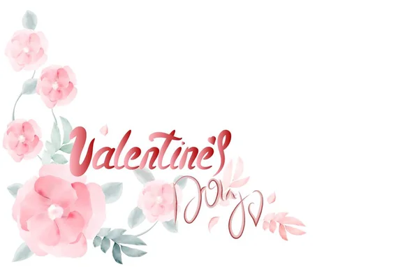 Rectangular Vintage Illustration Valentine Day Inscription Beautiful Watercolor Pink Flowers — Stock Photo, Image