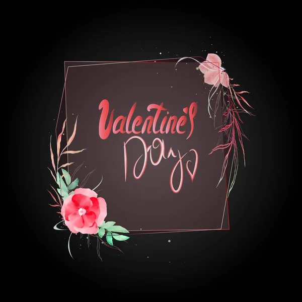 Script Valentinsdag Vintage Blomster Squre Ramme Illustration Med Håndtegnede Akvarel - Stock-foto