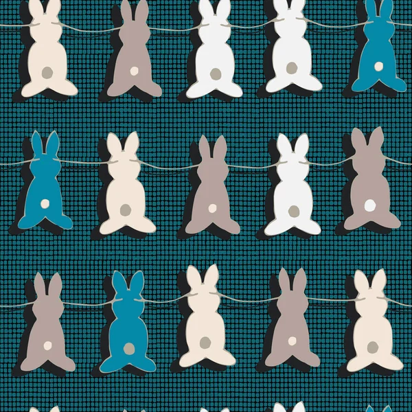 Seamless pattern. Easter. Easter bunnies. Endless garland from paper bunnies. Dark blue background with small mesh. Illustration for packaging designs, backgrounds, wallpapers, fabric printing, etc.