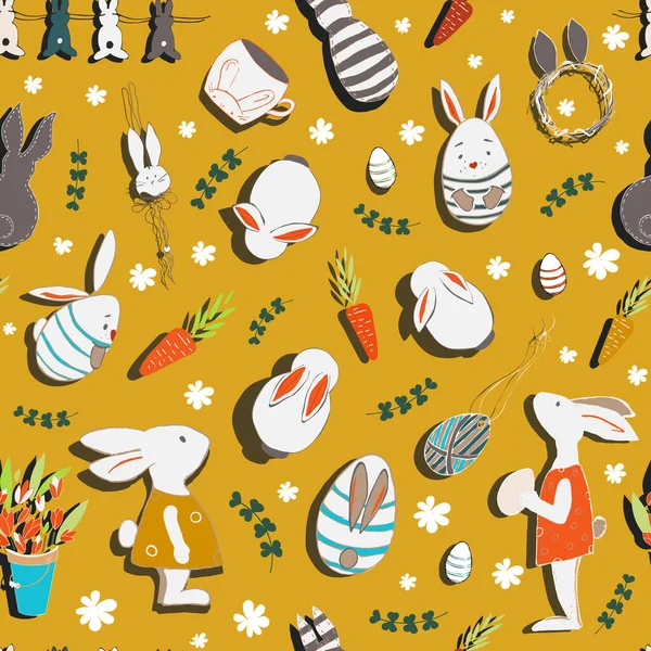 Seamless pattern. Easter. Yellow background. Cartoon Easter white bunnies, carrots, eggs, flowers, twigs. Isolated decorative ornaments. Illustration for packaging design, fabric prints, wallpapers, etc.