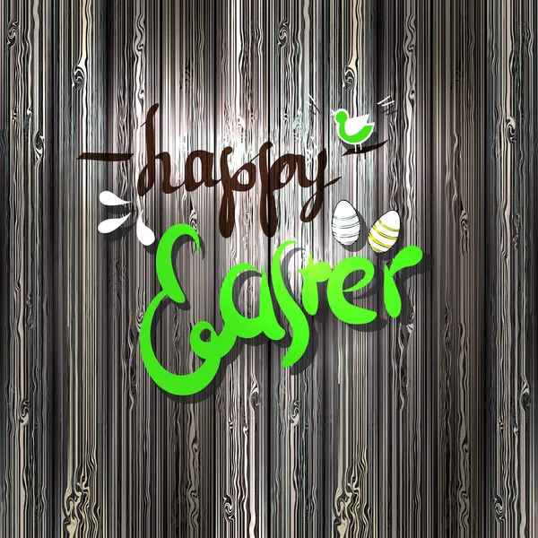 Easter. A square banner with a bright green \'Happy Easter\' lettering in the center and a singing bird. Gray-brown background with a texture of wooden planks. Illustration for the design.