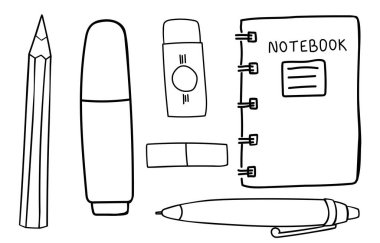 Karalama tarzı kırtasiye malzemesi. Not defteri. İşaretleyici. Silgi. Kalem. Bir kalem. Beyaz arka planda izole elementler. Okul vektör illüstrasyonu. Boyama sayfaları. Çıkartmalar. Bölüm 10.