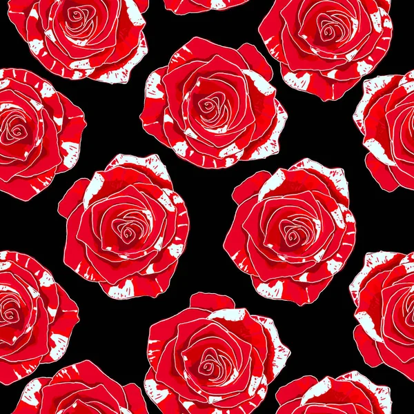 黒い背景にシームレスな大きな赤いバラ ベクトルイラスト ヴィンテージの花の要素 ファブリック パッケージ ポストカード フレーム チラシ バナー 招待状 — ストックベクタ