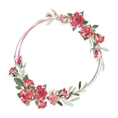Suluboya kırmızı güllü yuvarlak bir çerçeve. Klasik çiçek elementleri. Dekorasyon, kartlar, çerçeveler, el ilanları, afişler, davetiyeler, selamlamalar, mesajlar için kullan. 