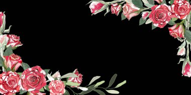 Rectangular pattern on a black background. Red and white roses with leaves and green branches. Vector illustration. Wedding. Valentine's Day. March 8. Use as greetings, wedding cards, etc.