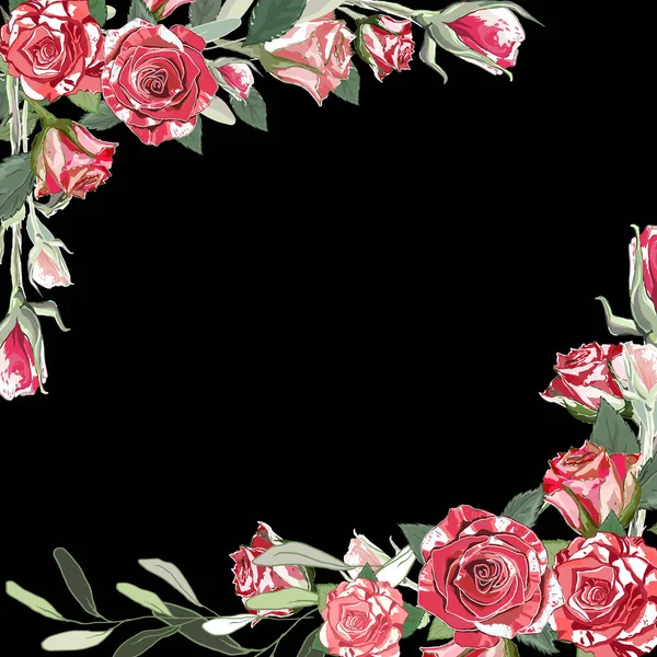 Квадратний Шаблон Чорного Фону Червоні Білі Троянди Листям Зеленими Гілками — стоковий вектор