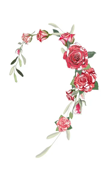 Bordo Floreale Elemento Decorativo Curvo Rose Rosse Bianche Con Foglie — Vettoriale Stock