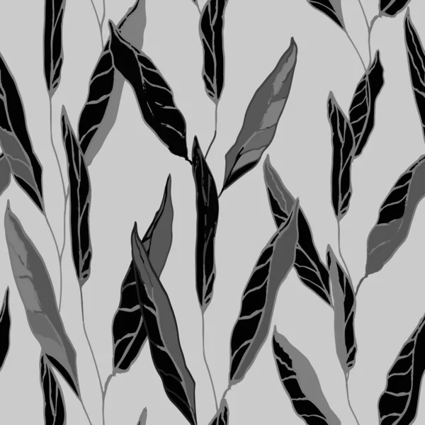 Abstract Vegetative Pattern Monochrome Black Leaves Gray Background Vertical Direction — 图库矢量图片