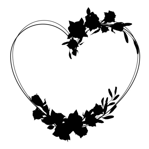 Floral Πλαίσιο Σχήμα Καρδιάς Βούρτσα Μαύρη Σιλουέτα Κορνιζαρίσματος Μεμονωμένο Στοιχείο — Διανυσματικό Αρχείο