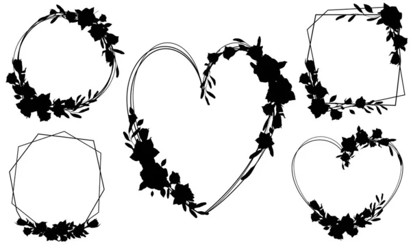 一组矢量帧 有玫瑰 叶子和枝条的黑色元素 在白色背景上隔离 刷子婚礼 情人节 3月8日用作问候 结婚证等 — 图库矢量图片