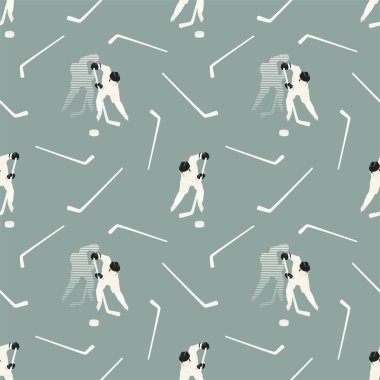 Hokey oyuncularında kusursuz desen. Dinamik saldırı hareketi, disk için savaş. Spor vektörü illüstrasyonu. Mavi-gri arka plan. Kağıt, kumaş, parmak izi, ambalaj, duvar kağıdı basmak için kullanılır. Bölüm 10