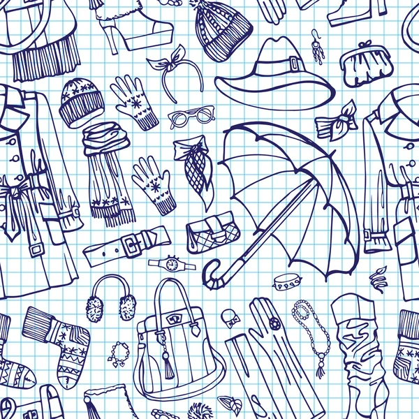 Coat and  accessories in seamless pattern. Sketchy Notepaper — Stock Photo, Image