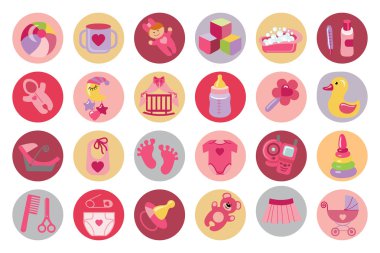 Yeni doğan Babygirl Icons set. Bebek duş
