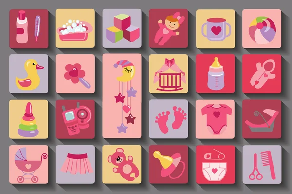 Newborn Baby girl set.Flat Icons with long shadow — Stock Photo, Image