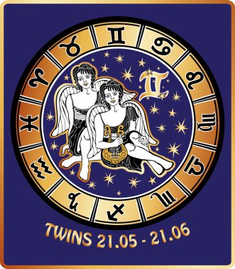 Twins boys zodiac sign.Horoscope circle.Retro Illustration clipart