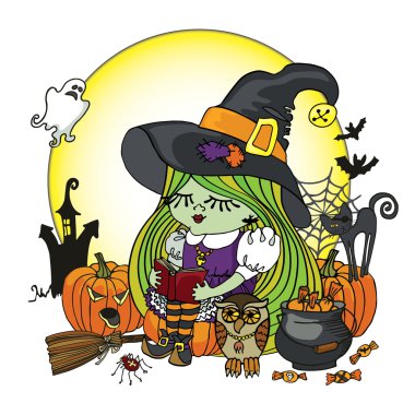 Halloween cadı kız okuma kitabı. Illstration