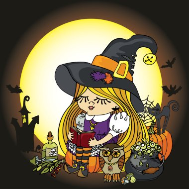 Halloween cadı kız okuma kitabı. Ay, kabak, kedi, kazan