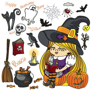 Halloween cadı karının ürkütücü öğeleri kümesi okuma,