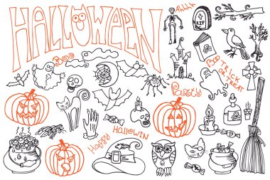 Cadılar Bayramı simgeleri metinle ayarlayın. Doodles'ın yarım yamalak