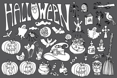 Cadılar Bayramı simgeleri metinle ayarlayın. Doodles'ın yarım yamalak scrapbooking