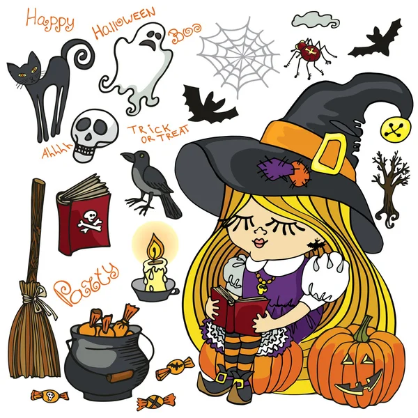Halloween čarodějnice dívka čtoucí, strašidelné prvky nastavena — Stock fotografie