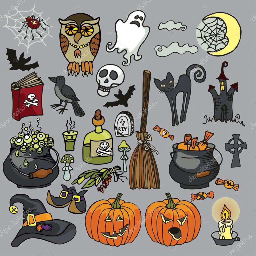 Conjunto De Halloween, Desenho De Linha De Halloween Ilustração Stock -  Ilustração de noite, partido: 159669825