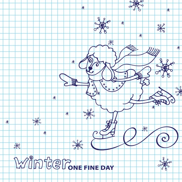 Χαριτωμένα πρόβατα κορίτσι πατίνια. Χειμώνα doodle σχηματικό επιστολόχαρτο — Φωτογραφία Αρχείου