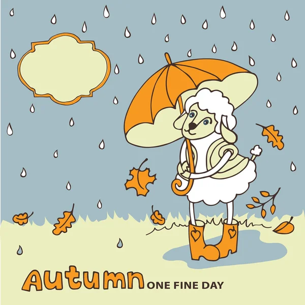 Cute gadis domba dengan payung di bawah hujan.Autumn doodle — Stok Foto