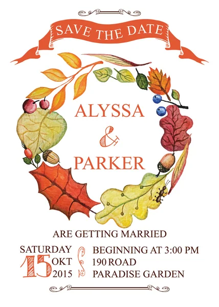 Pernikahan musim gugur menyimpan kartu tanggal dengan karangan bunga daun Watercolor — Stok Foto