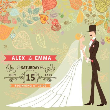 Gelin, damat, sonbahar yaprakları ile Retro düğün davetiyesi