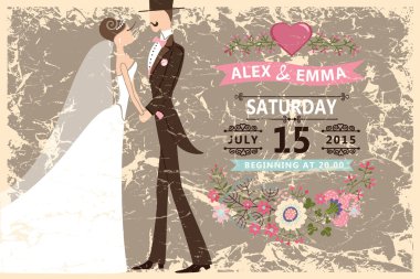 Retro düğün davetiyesi. Gelin, damat, çiçek dekor