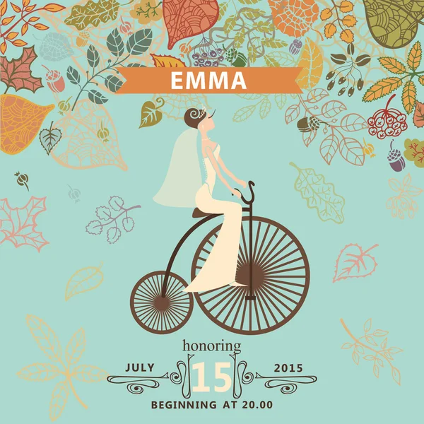 Bridal shower invitation.Bride,retro bicycle,autumn leaves — Stock Photo, Image