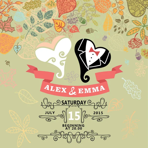 Cute wedding invitation with stylized heart ,autumn leaves — Stock Photo, Image