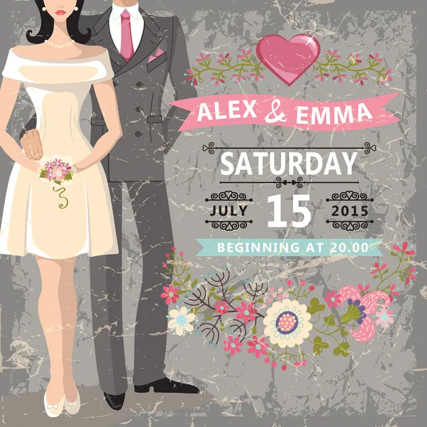 Cute wedding invitation.Bride, groom, floral elements — Stock Photo, Image