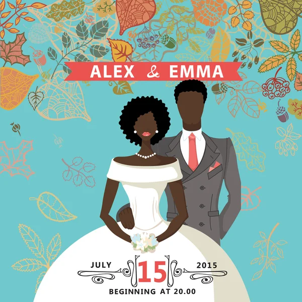 Cute wedding invitation.Mulatto groom,bride,autumn leaves — Stock Photo, Image